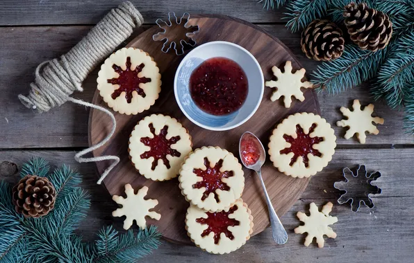 Snowflakes, branches, food, spruce, cookies, sweets, jam, jam