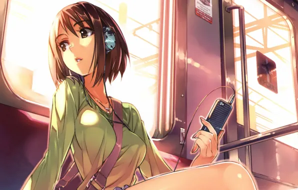 Girl, headphones, window, the car, player, bag, sitting, knee