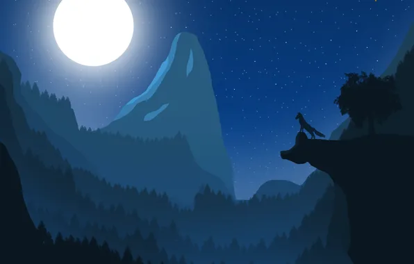Landscape, mountains, the moon, wolf, night landscape, Fox, the full moon, fox