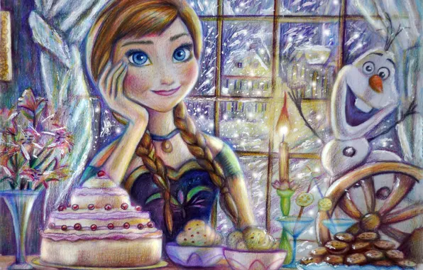 Picture winter, snow, night, candles, window, cake, Frozen, Disney