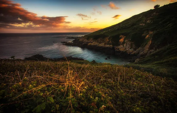 Sea, sunset, mountains, nature