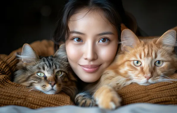 Cat, cat, look, girl, cats, face, smile, the dark background