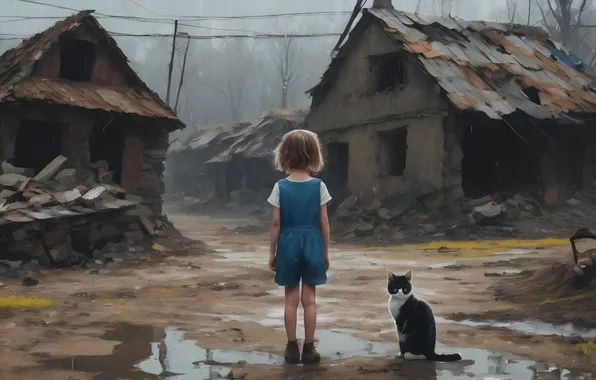 Cat, cat, home, girl, devastation, ruins, imitation painting, AI art