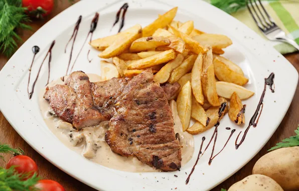 Picture meat, sauce, potatoes