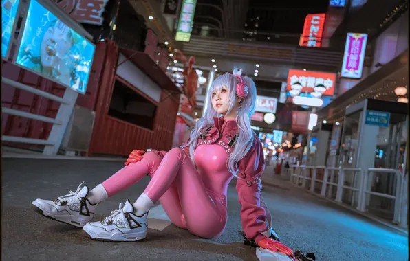 Street, advertising, headphones, Asian, night city, cutie, white hair, sneakers
