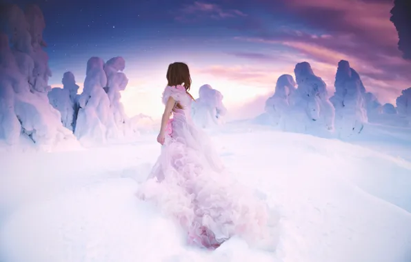 Girl, snow, dress, Lichon