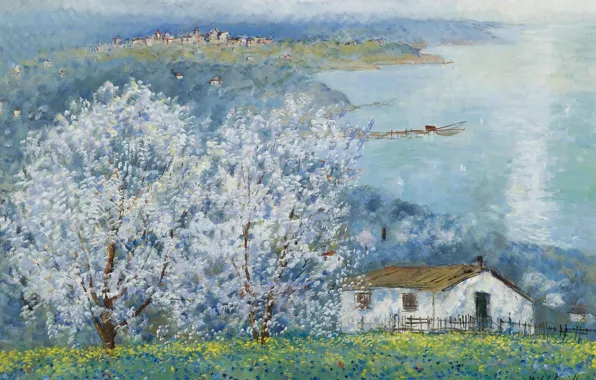 Picture trees, spring, flowering, Michele Casella, Michele Cascella, House by the Sea