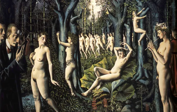 Trees, Forest, People, Picture, Naked, Paul Delvaux, Belgian artist, Awakening of the Forest