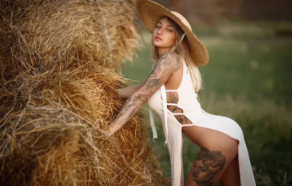 Girl, pose, hat, tattoo, hay, sundress, Sergey Sorokin