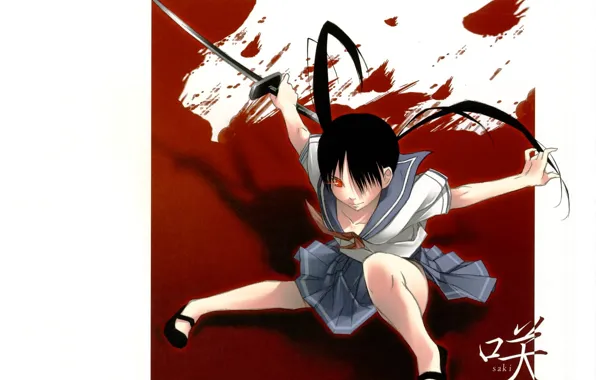 Katana, schoolgirl, red eyes, black hair, blood, cool, Moe-tan, combat readiness