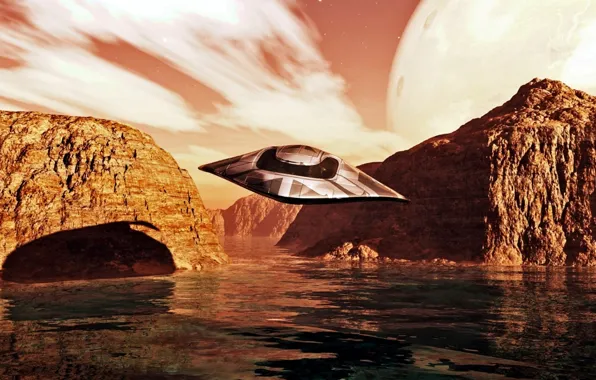 Sky, water, flight, clouds, spaceship, planet, splashdown