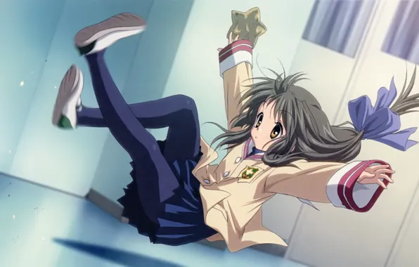 The door, cookies, drop, floor, emblem, clannad, school uniform, moles ibuki
