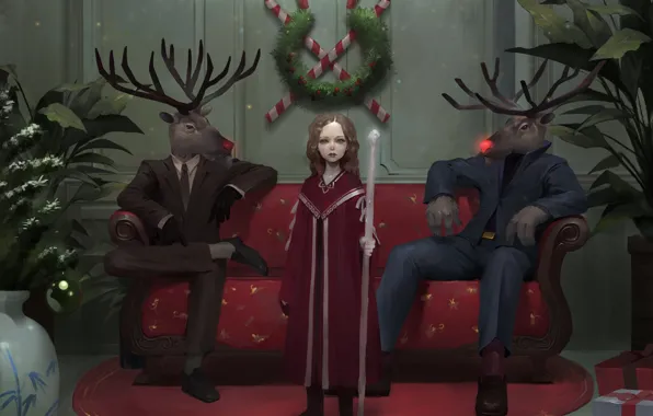 New year, art, girl, deer