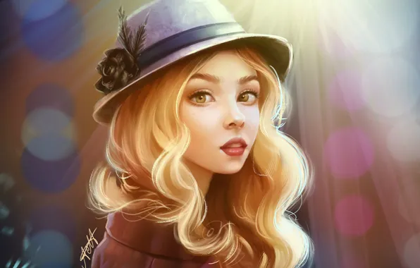 Face, hat, coat, long hair, art, portrait of a girl, blur bokeh, Okio Chan