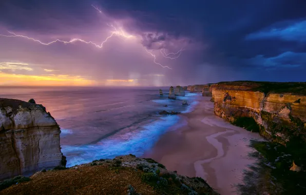 Sea, the storm, the sky, storm, rocks, shore, lightning, Australia