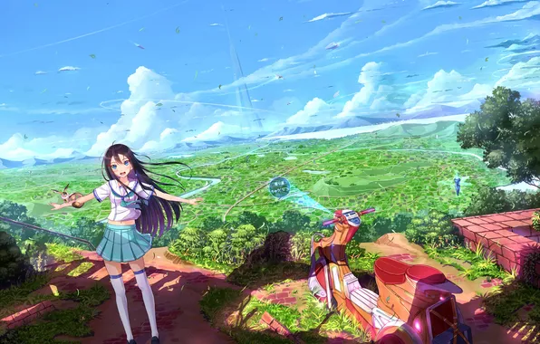 Girl, landscapes, anime, art, kazeno, upscale