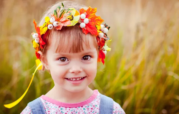Flowers, children, smile, girl, wreath, child
