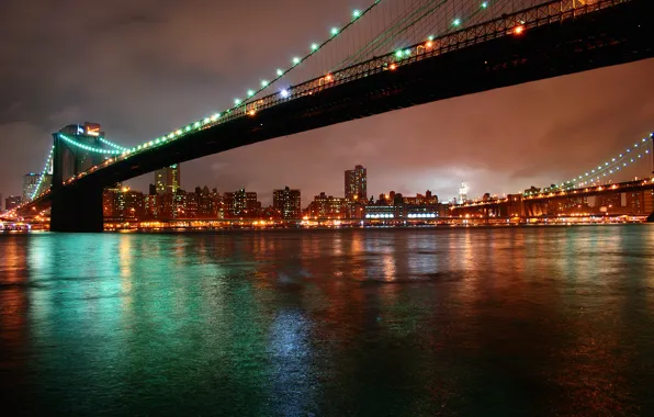 Night, city, the city, lights, new York, night, new york, Brooklyn bridge