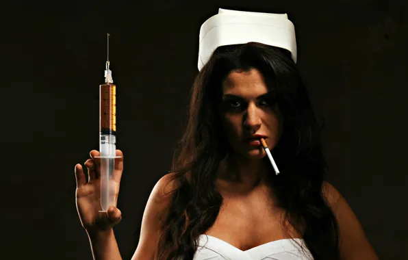 Girl, cigarette, syringe, Khan you my friend