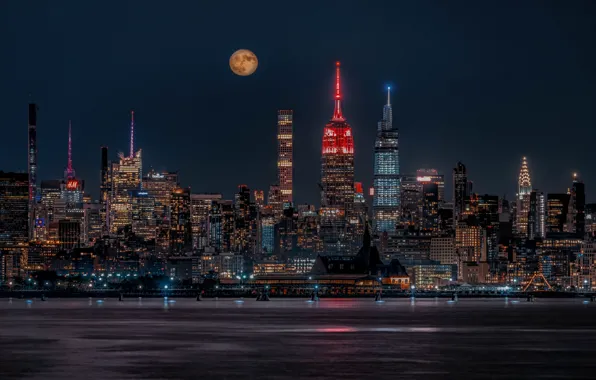 Picture night, the city, lights, the moon, shore, tower, New York, skyscrapers