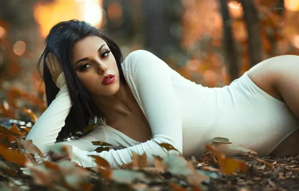 Autumn, look, leaves, trees, nature, sexy, pose, Park