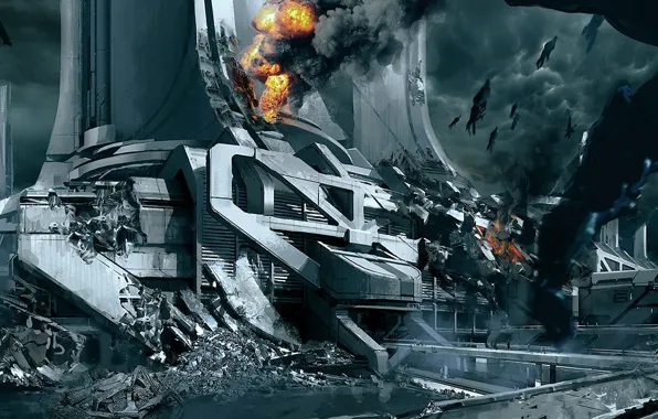 Picture the city, fire, smoke, ships, ruins, mass effect 3, the reapers, concept art