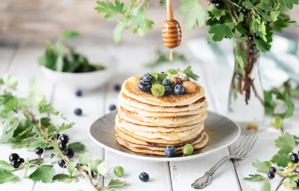 Berries, Breakfast, honey, pancakes, decor, Karina Klachuk