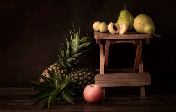 The dark background, table, Apple, fruit, still life, pear, apricots, pineapples