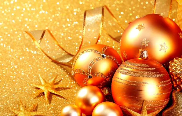 Glare, holiday, balls, toys, New year, stars, shiny, ribbon