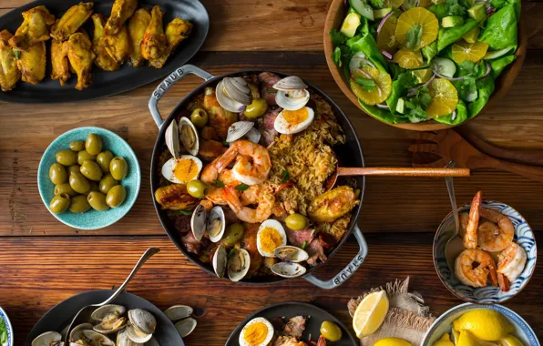 Lemon, orange, eggs, meat, olives, salad, shrimp, shellfish
