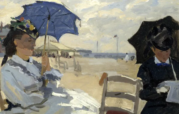 Girls, picture, umbrella, veil, seascape, Claude Monet, genre, The beach at Trouville