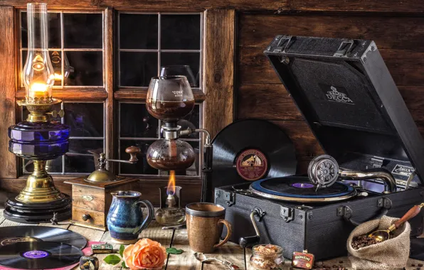 Rose, lamp, coffee, window, Cup, sugar, the gramophone, records