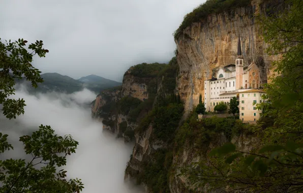 Mountains, nature, fog, castle, foliage