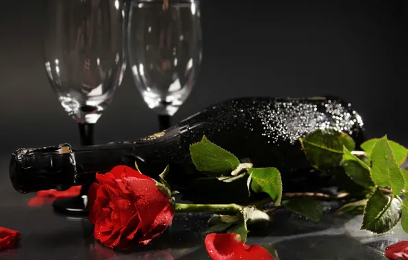 Picture flower, flowers, holiday, wine, rose, bottle, roses, petals