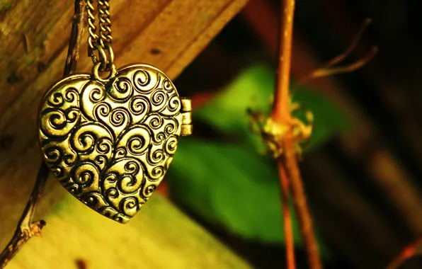 Greens, leaves, patterns, heart, branch, pendant, chain, heart