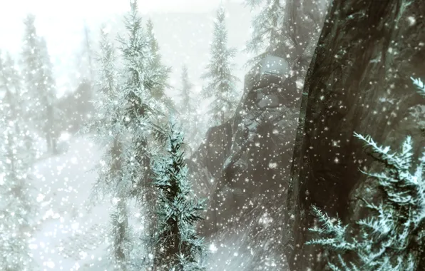 Snow, trees, mountains, Skyrim