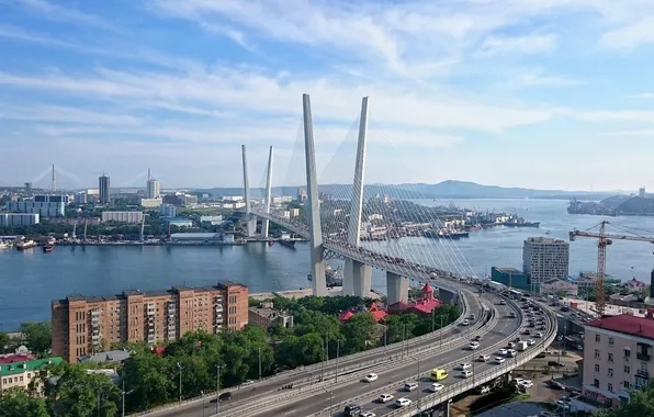 Picture city, bridge, bay, Vladivostok, golden horn