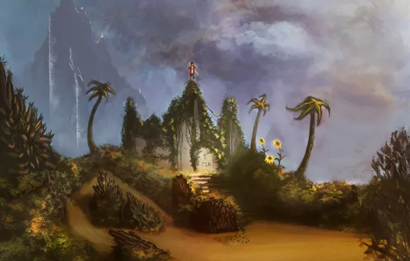 Greens, sunflowers, palm trees, mountain, art, ladder, steps, Anime