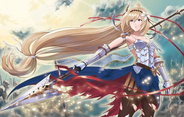 Picture girl, weapons, army, feathers, spear, anime, art, Granblue Fantasy