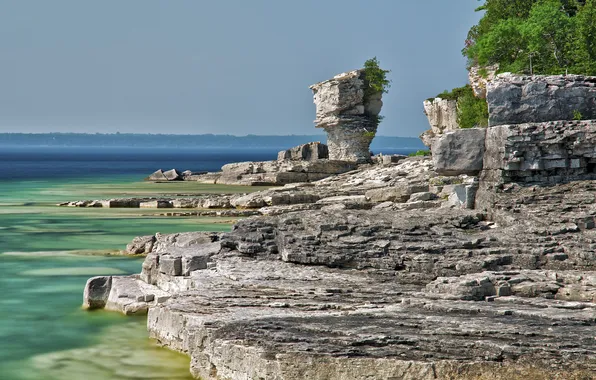 Trees, landscape, lake, rocks, Canada, Ontario, Bruce Peninsula National Park