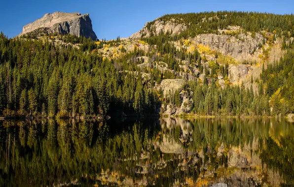 Trees, mountains, lake, reflection, stones, rocks, USA, Rocky Mountain National Park