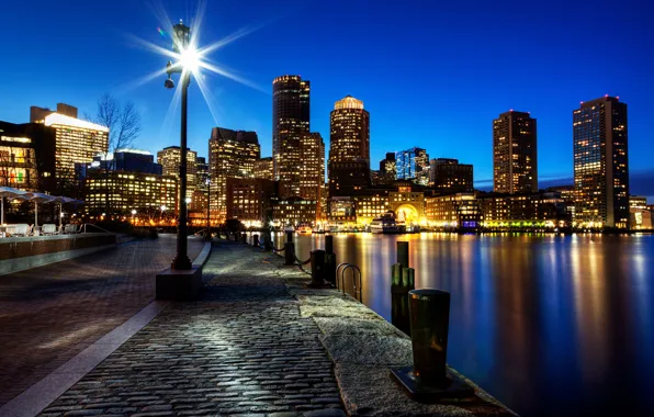 Picture night, the city, river, stones, building, home, skyscrapers, pavers