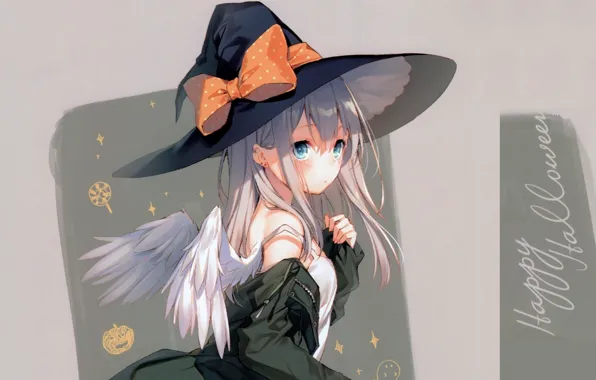 Wings, blue eyes, grey background, bow, angel, happy halloween, witch hat, witch