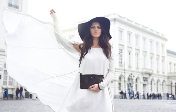 Picture girl, city, street, the building, hat, dress, brunette, handbag