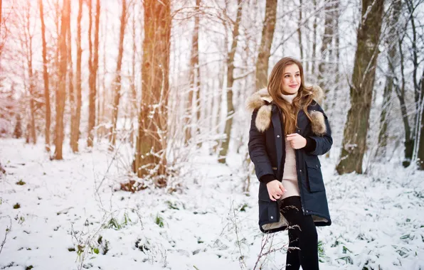 Winter, frost, forest, look, girl, light, snow, branches