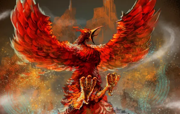 Fiction, flame, wings, art, Phoenix, Firebird, beak. fire