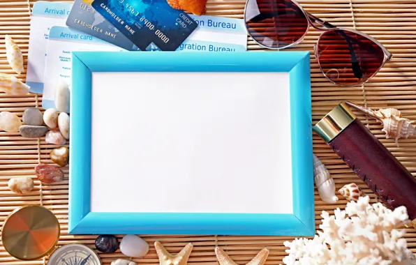Sand, sea, glasses, shell, starfish, sea, frame, the difference