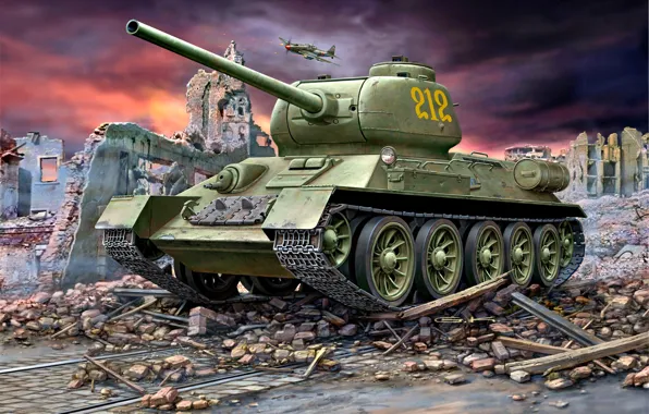Picture the ruins, tank, Soviet, average, T-34-85, main, c gun caliber of 85 mm, Christie suspension