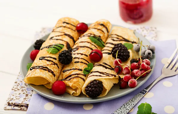 Berries, chocolate, Breakfast, pancakes, jam, Timolina