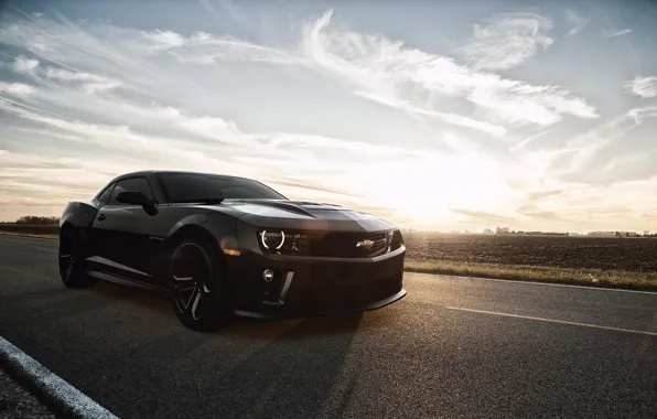 Picture Car, Muscle, Black, Camaro, ZL1, Sun, Road, Sky